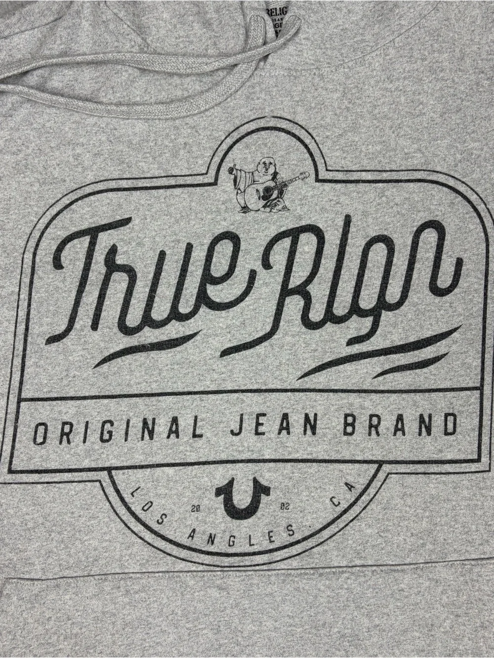 True Religion Hoodie Mens Large Light Gray Logo Drawstring Pockets Pullover